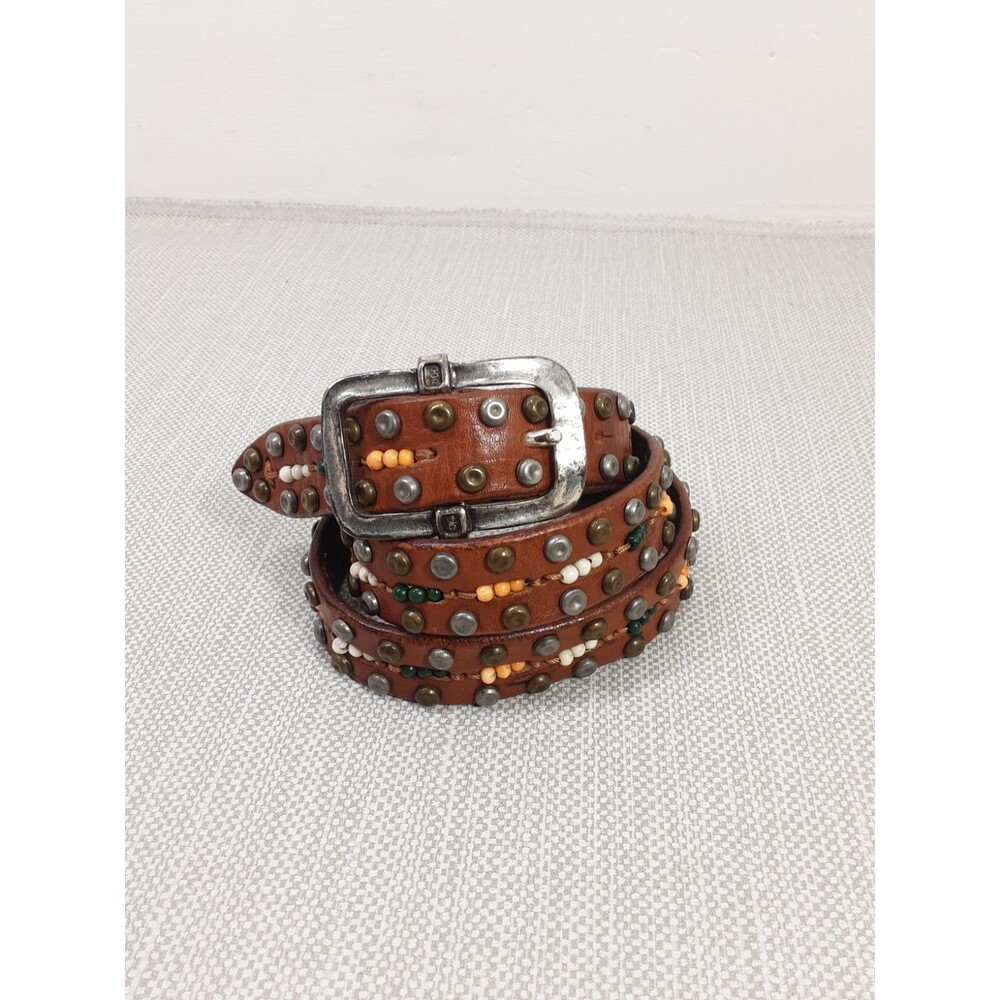 Reptile's House Men Size 38 Brown Leather Belt EU 48 Studs Beaded Italy Boho